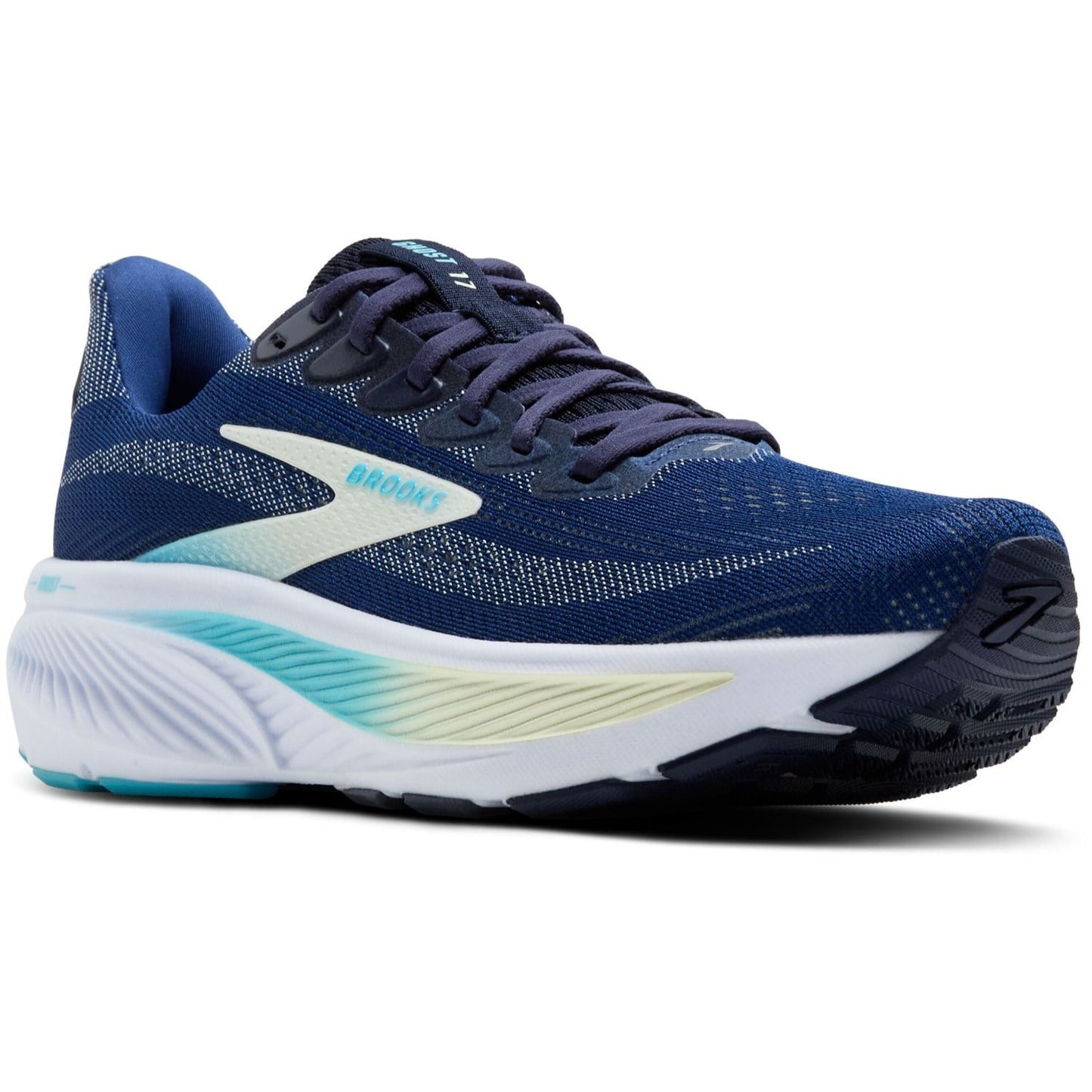Blue and white running shoe with Brooks logo on a white background