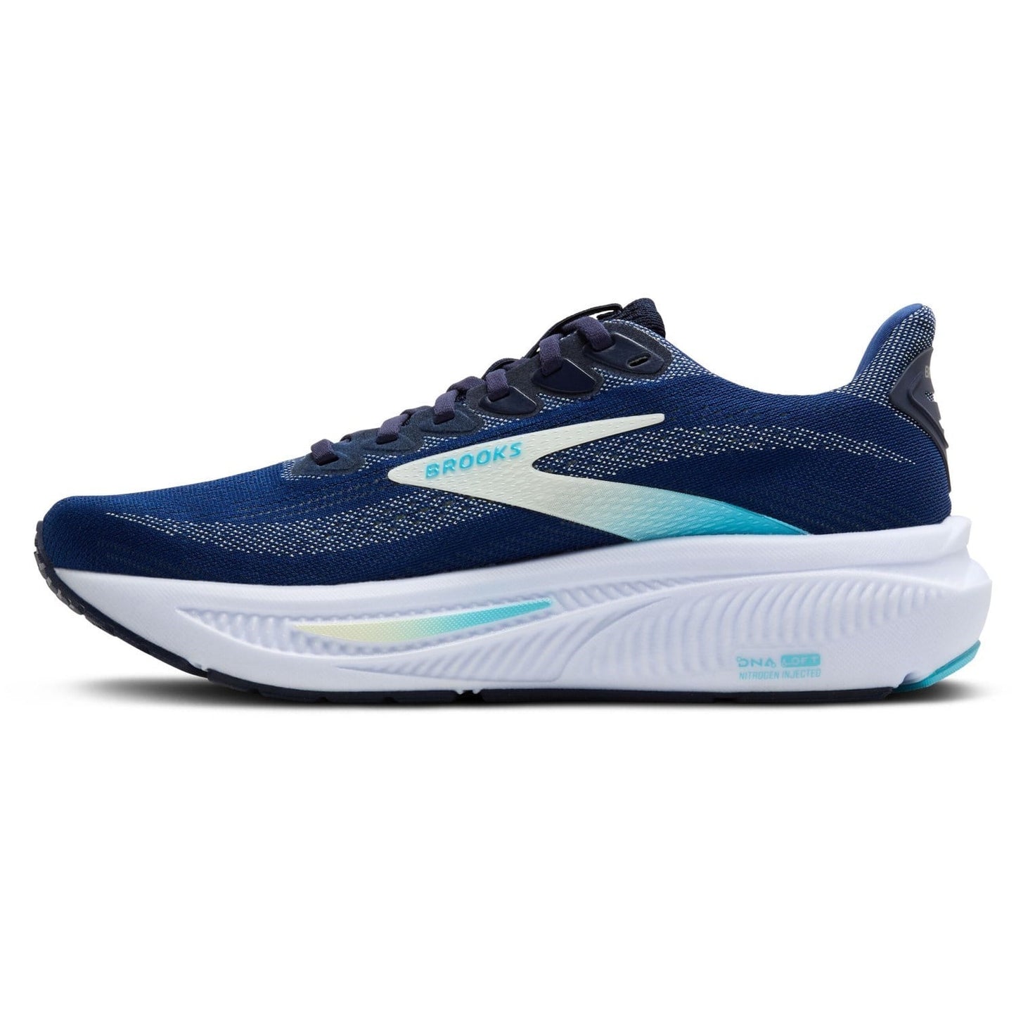 Blue and white running shoe with Brooks logo on a white background