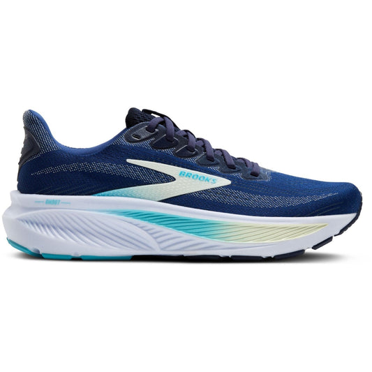 Blue and white running shoe with Brooks logo on a white background