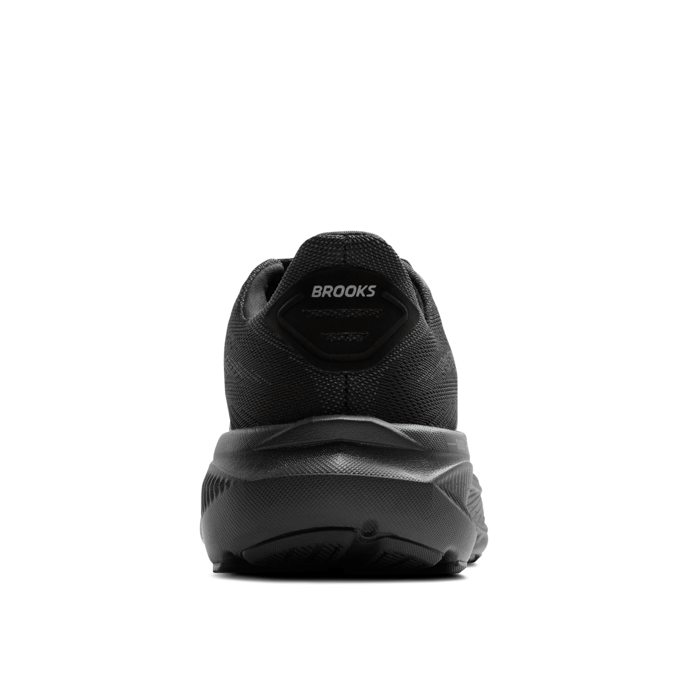 Black running shoe with 'Brooks' branding on a transparent background