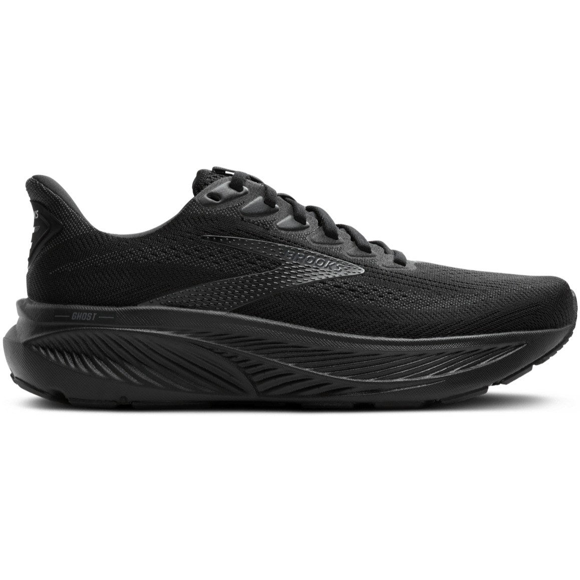Black running shoe on a white background