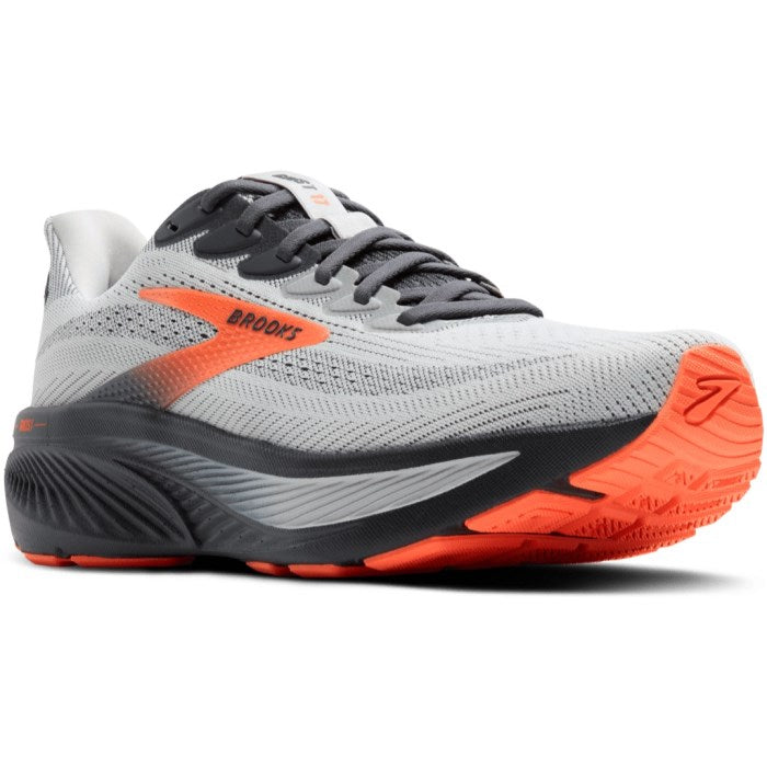 Gray and orange running shoe with 'Brooks' branding on a white background