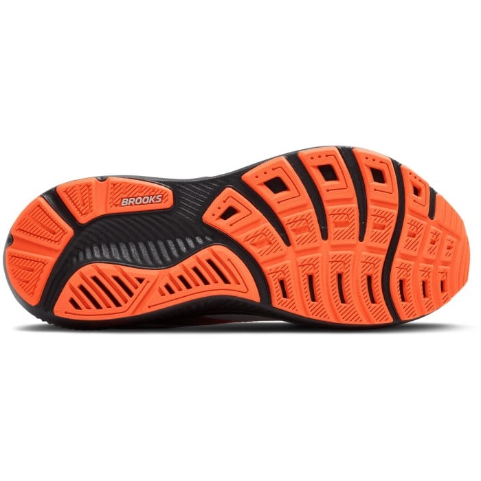 Orange and black running shoe sole with 'Brooks' branding on a white background