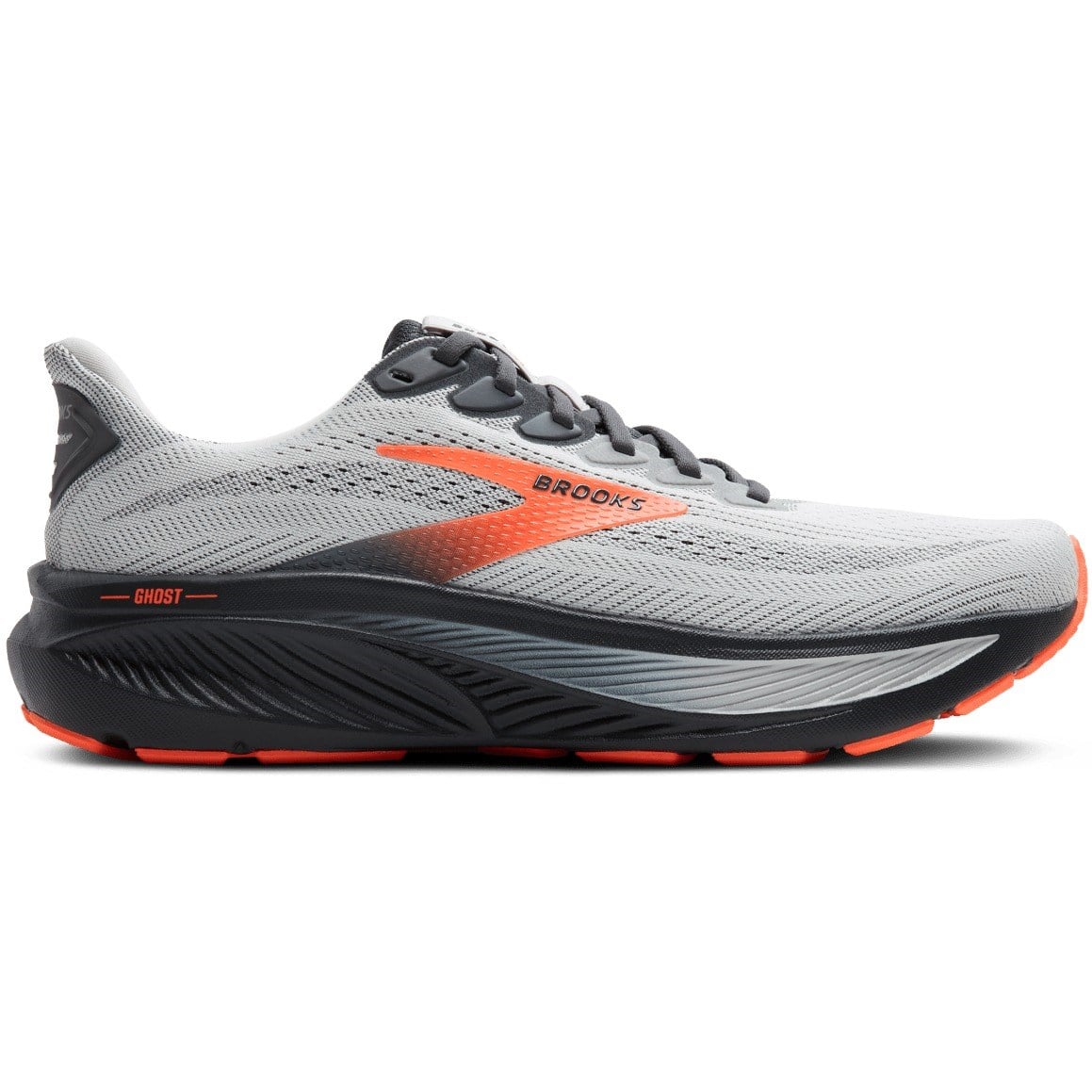 Gray and orange running shoe with 'Brooks' branding on a white background