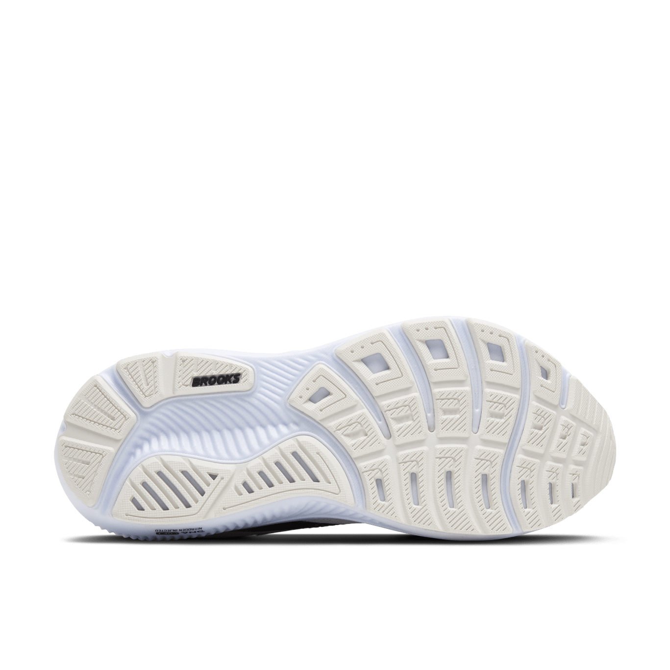 White running shoe with blue accents on a transparent background
