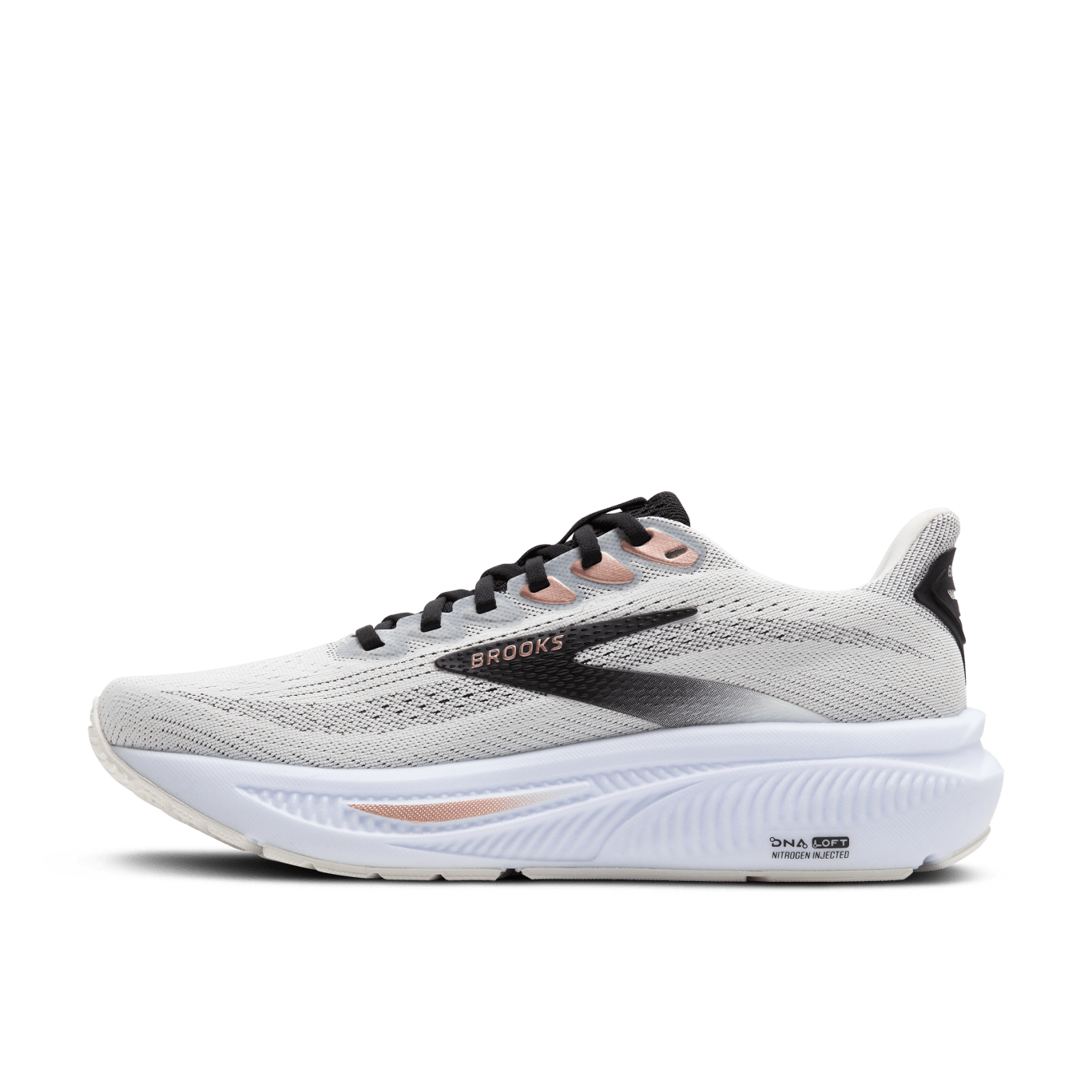 White running shoe with black and pink accents on a white background