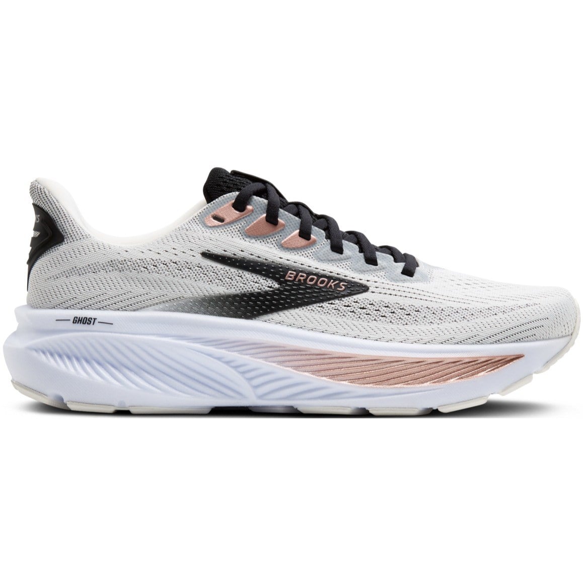 White running shoe with black and rose gold accents on a white background