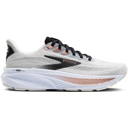 White running shoe with black and rose gold accents on a white background