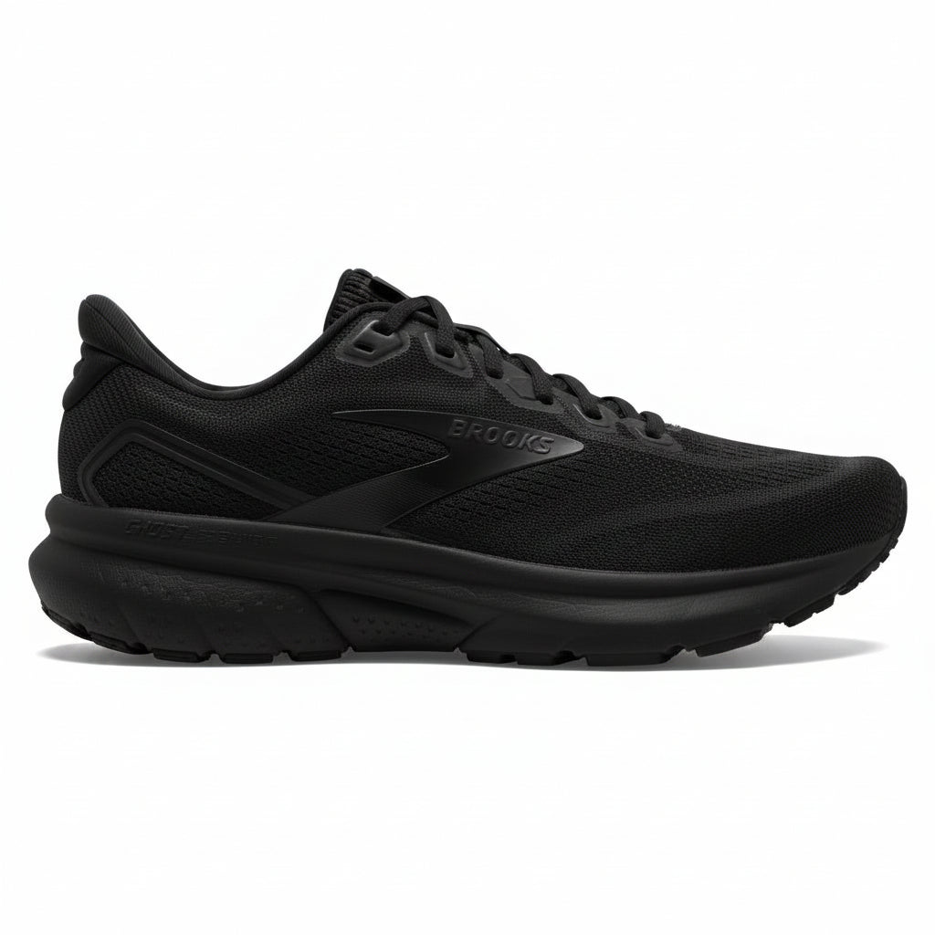 A black Brooks running shoe shown in a side profile view against a solid white background.
