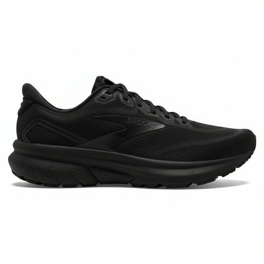 A black Brooks running shoe shown in a side profile view against a solid white background.