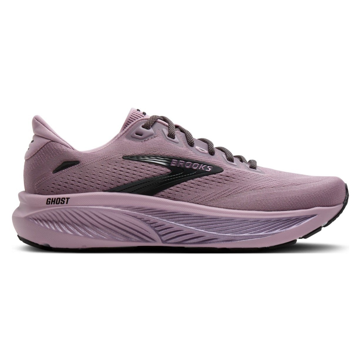 Brooks Ghost running shoe in a dusty lavender-purple colorway with black accents and gray laces, shown in a side profile on a white background.