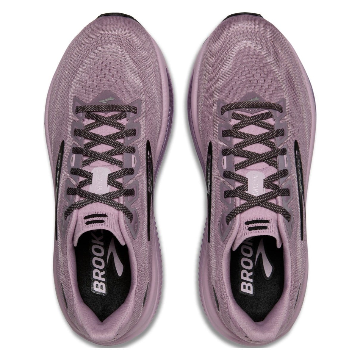 A pair of Brooks running shoes in a dusty lavender-purple color, shown from a top-down view on a white background.