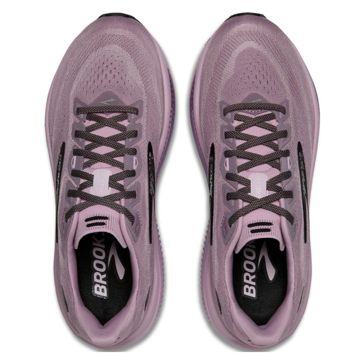 A pair of Brooks running shoes in a dusty lavender-purple color, shown from a top-down view on a white background.