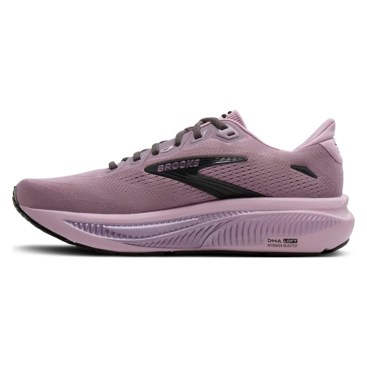 Brooks Glycerin running shoe in a dusty lavender purple colorway, featuring a black Brooks logo on the side and a thick cushioned midsole, shown against a plain white background.