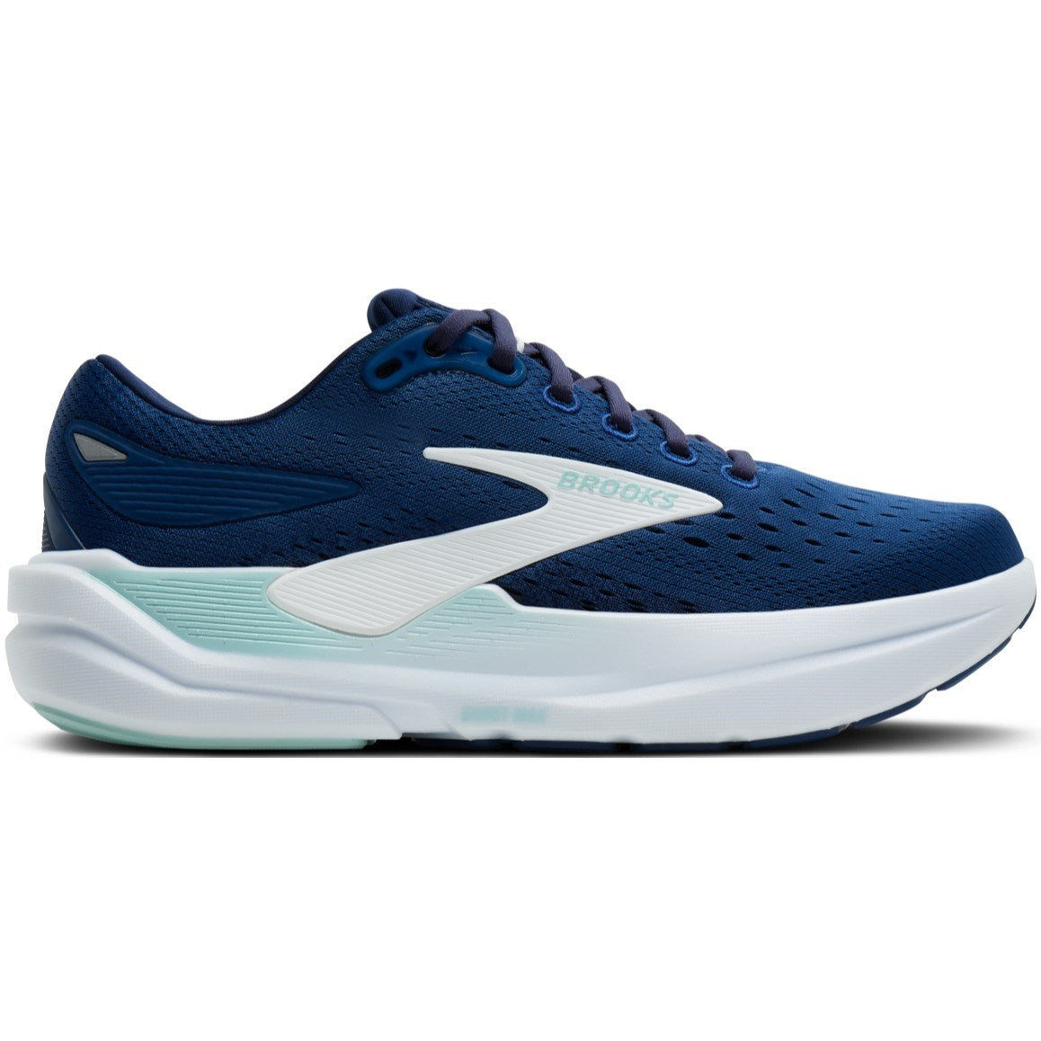 Blue running shoe with white sole on a white background