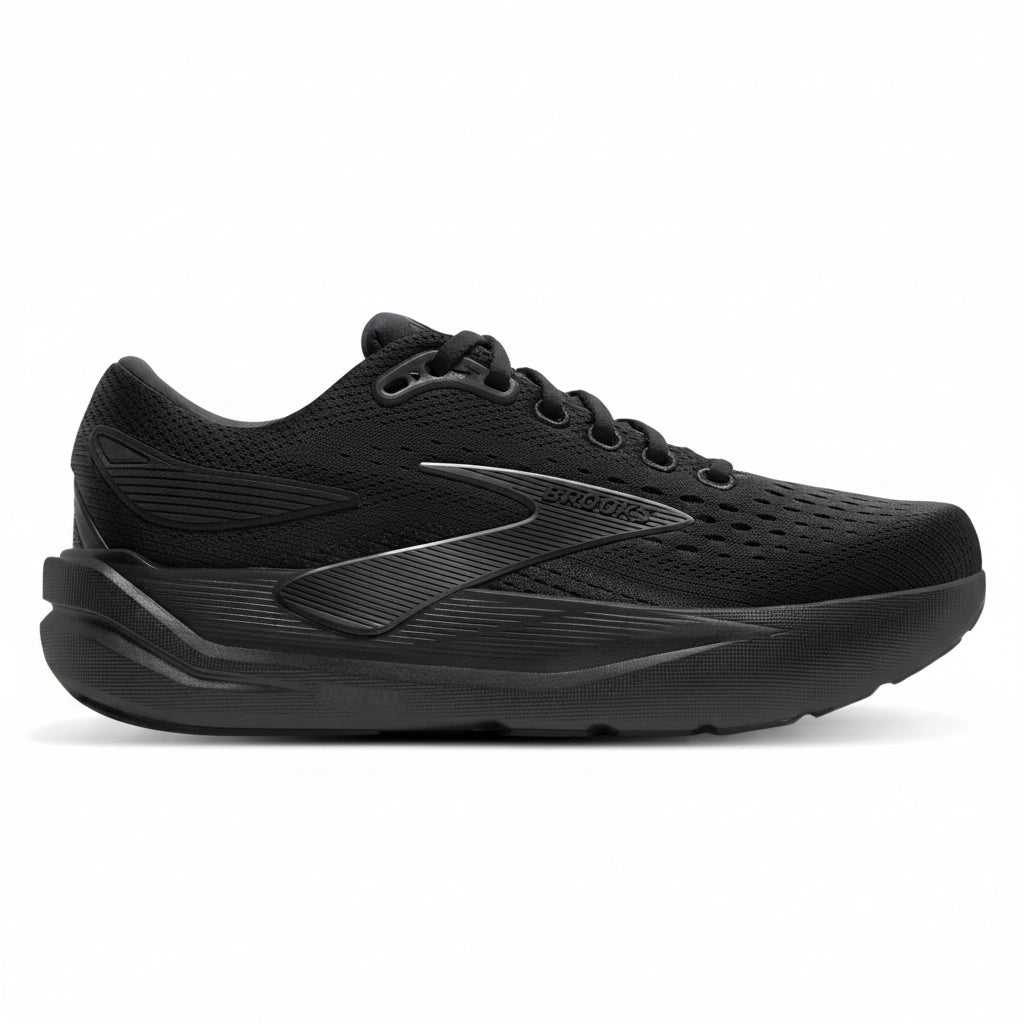 A black Brooks running shoe shown from the side against a light gray background.