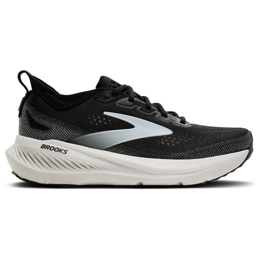 Brooks running shoe in black and white with a silver Brooks logo on the side, shown in a side profile view against a white background.