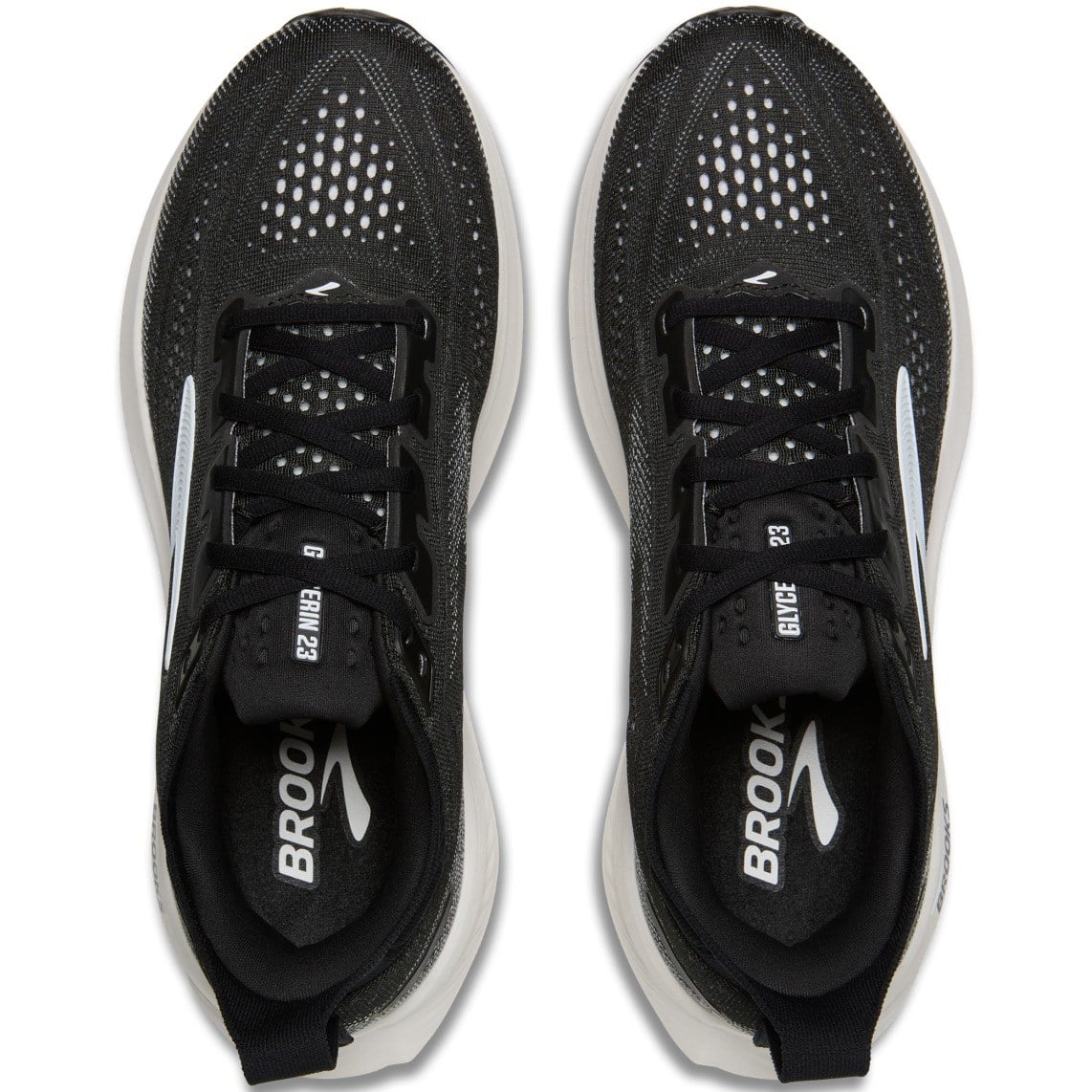 A pair of black and white Brooks running shoes shown from a top-down view on a white background.