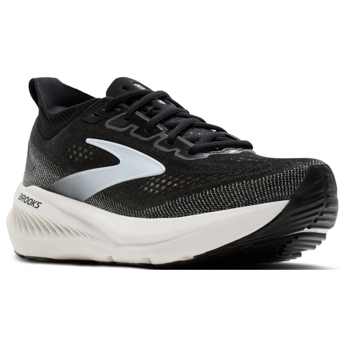 Brooks Glycerin running shoe in black and white, featuring a black mesh upper, a white Brooks logo, and a thick white cushioned midsole.