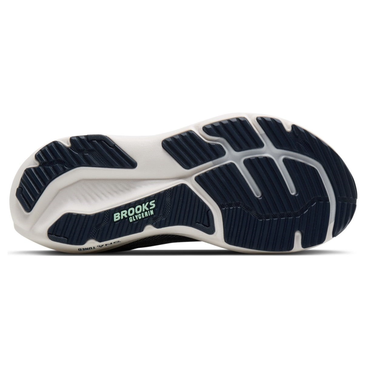 Navy and white running shoe sole with 'Brooks' branding on a white background