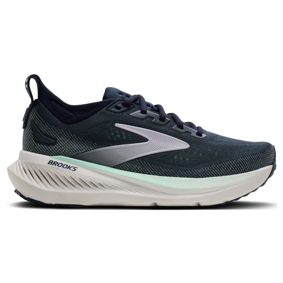 Navy running shoe with Brooks logo on a white background