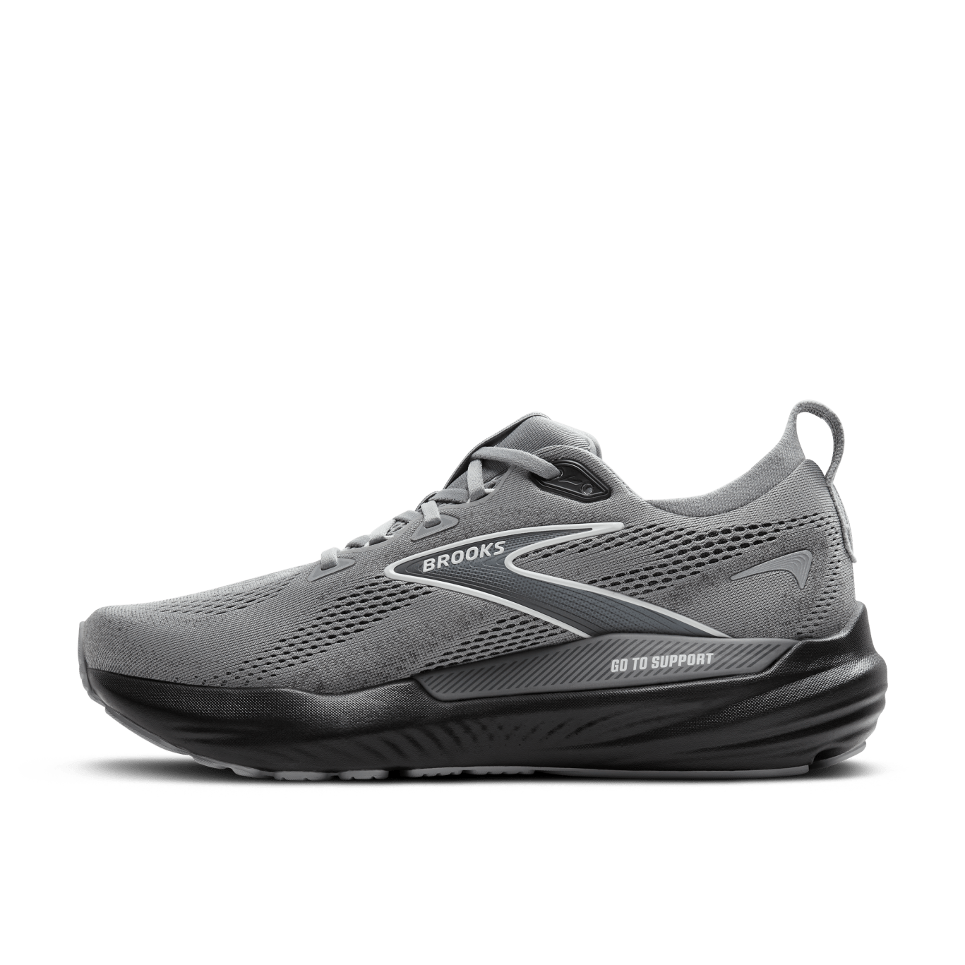 Brooks Glycerin GTS 22 running shoe for men in primer gray/ebony/bluewash color, featuring a mesh upper, Brooks logo on the side, and a stability-oriented sole.