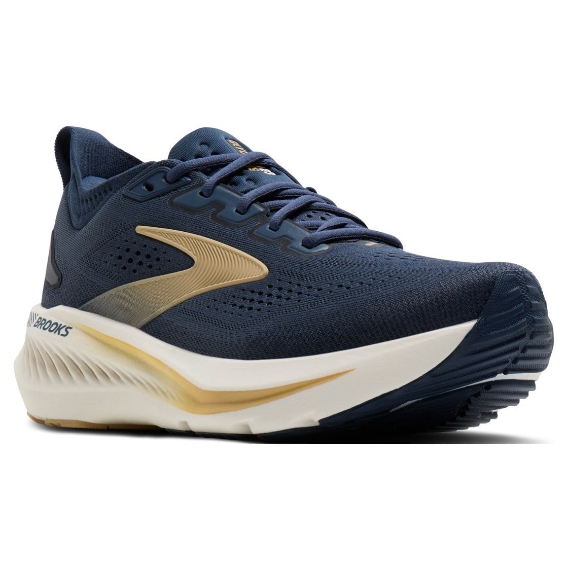 Navy and gold running shoe with 'Brooks' branding on a white background