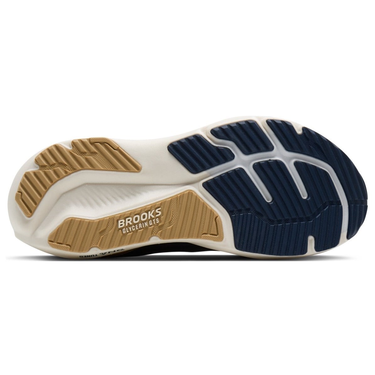Close-up of a running shoe sole with 'Brooks' branding on a white background