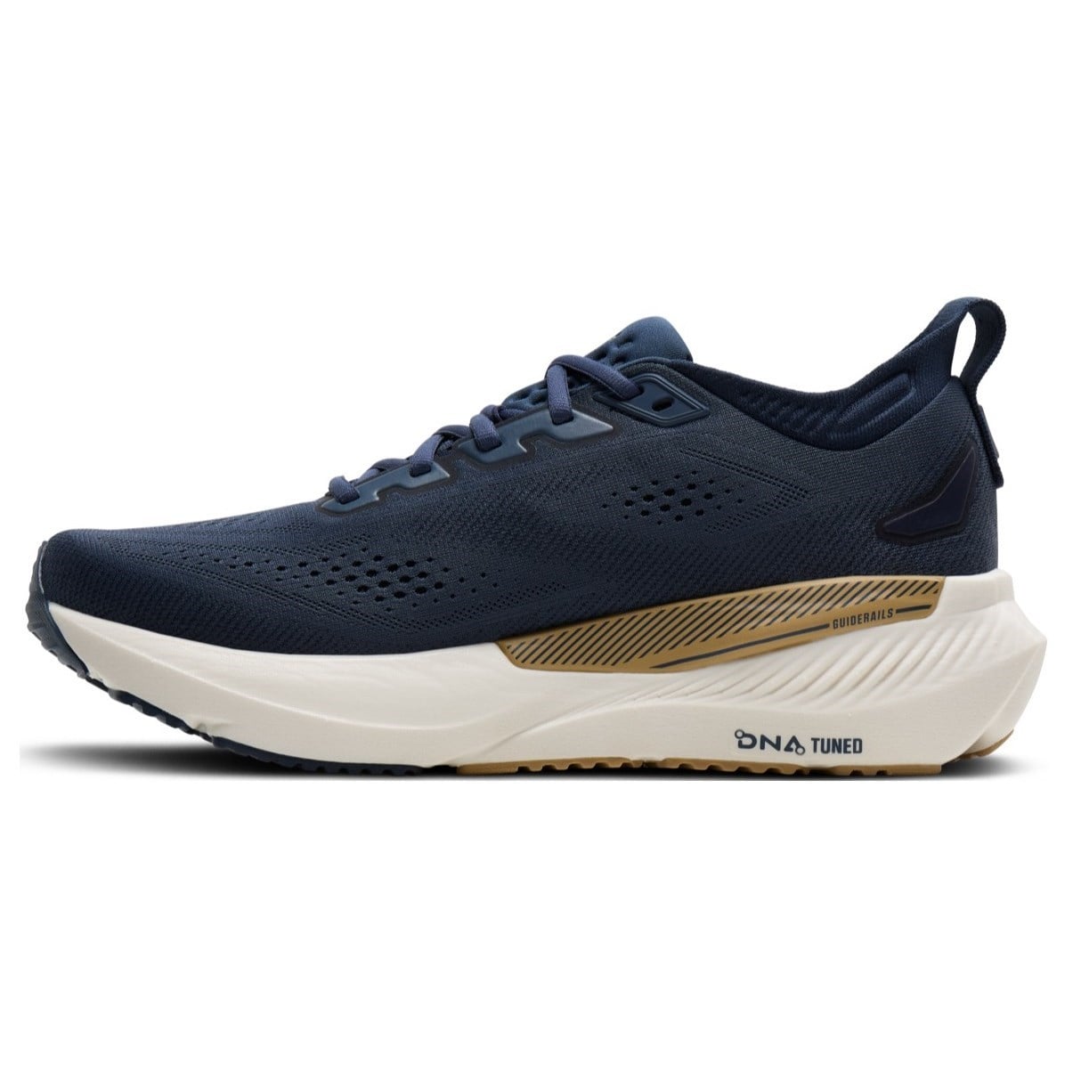 Navy running shoe with white sole on a white background