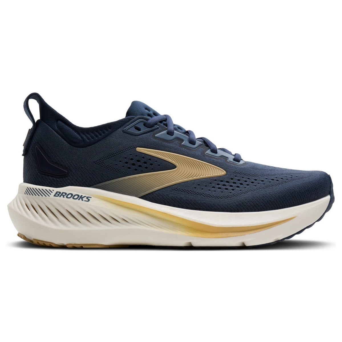 Navy running shoe with gold accents on a white background