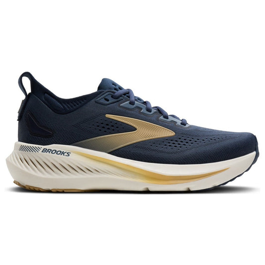 Navy running shoe with gold accents on a white background