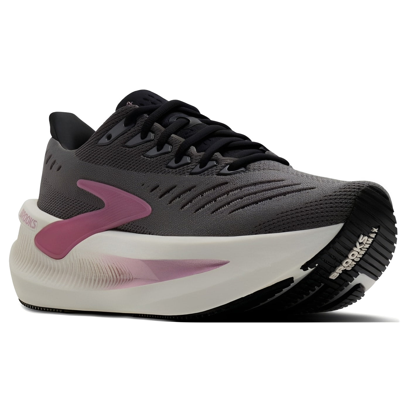 Gray running shoe with pink accents on a white background