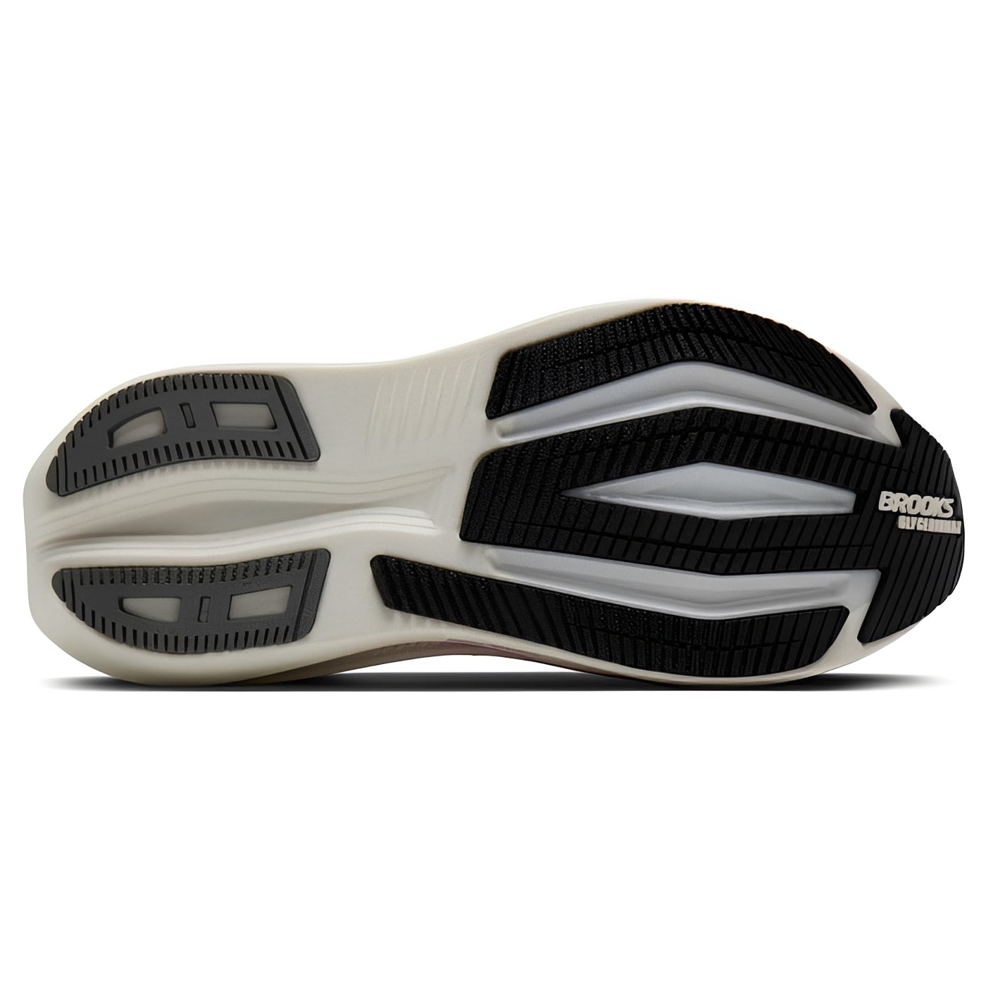 Close-up of a running shoe sole with 'Brooks' branding on a white background