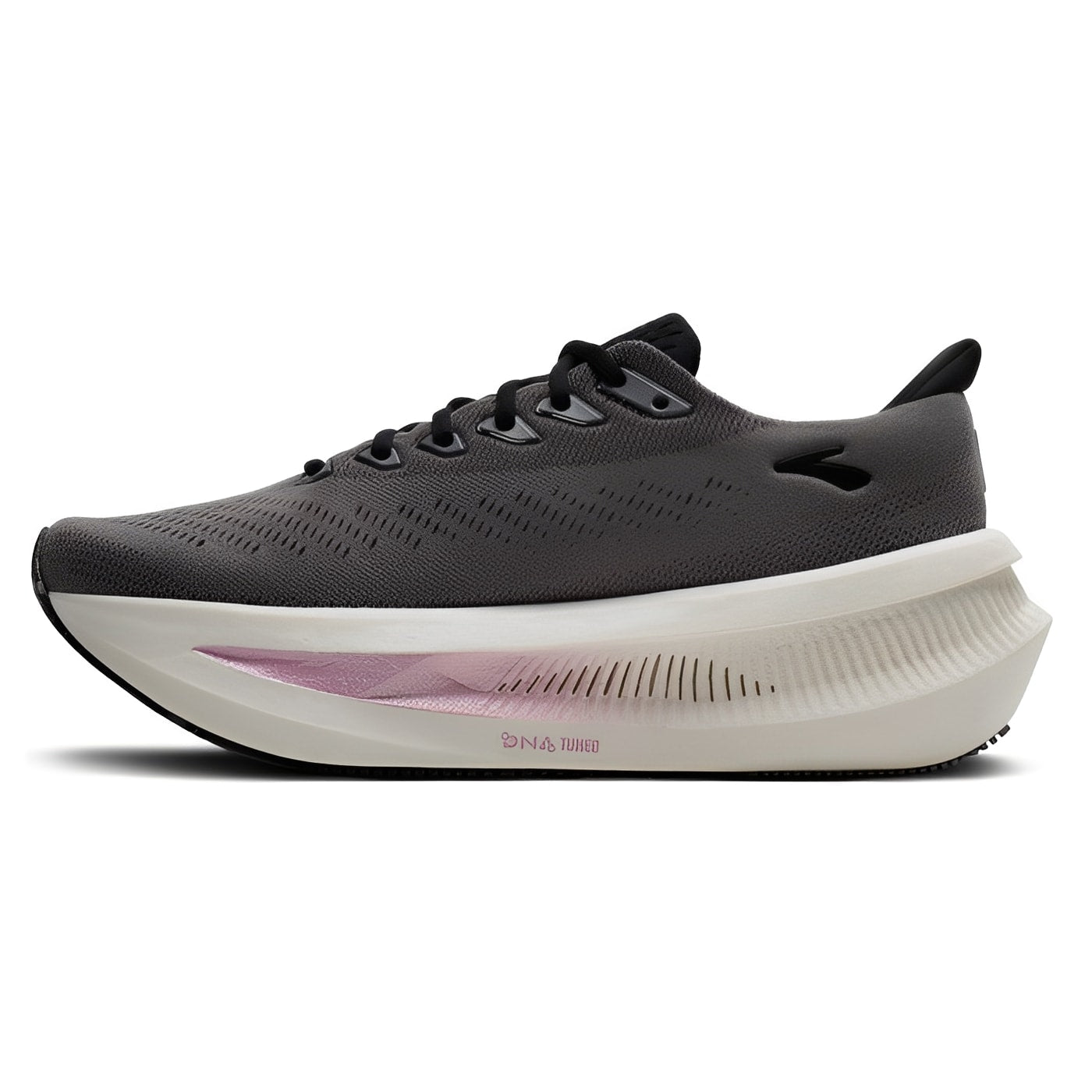 Gray running shoe with white sole on a white background