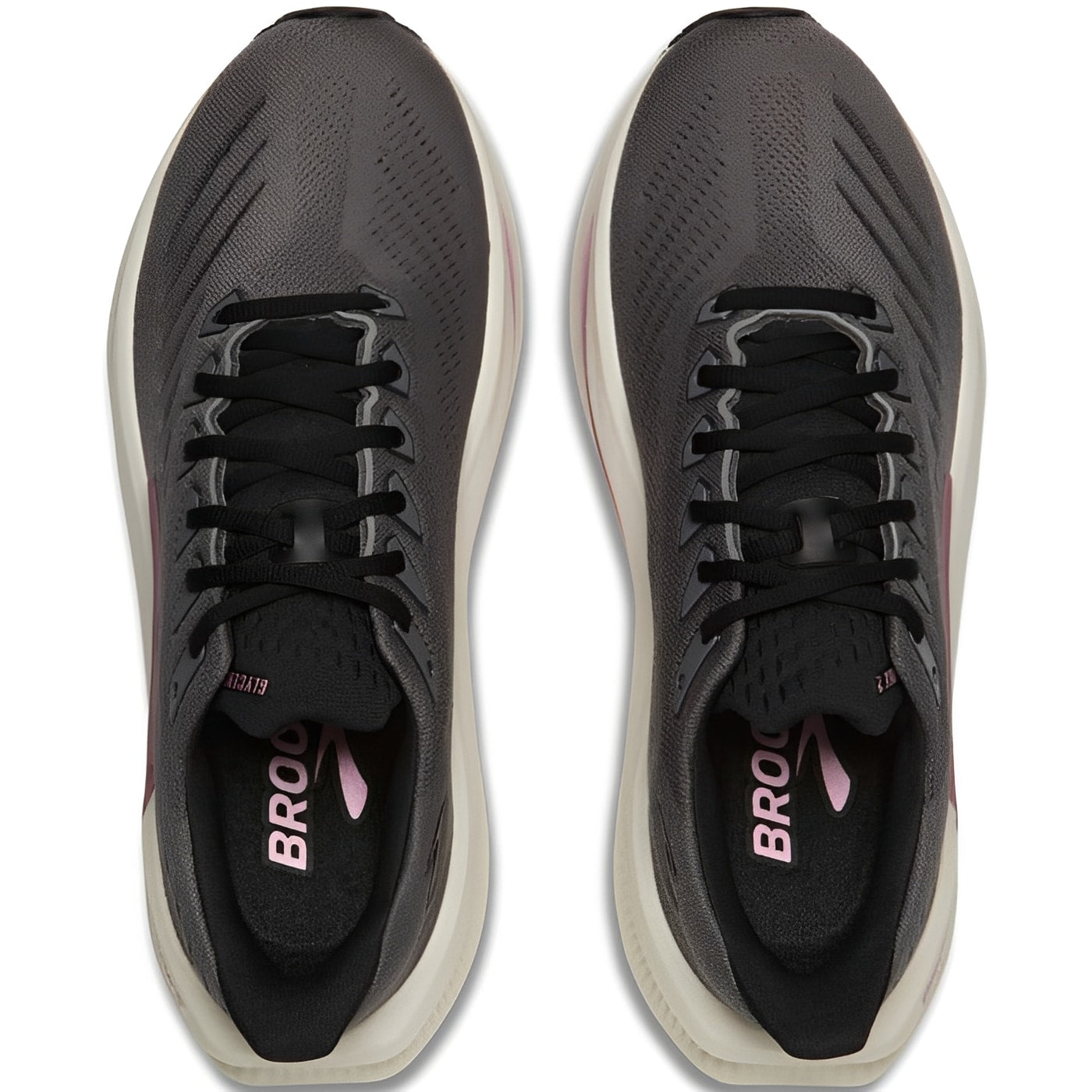 Pair of gray running shoes with black laces on a white background