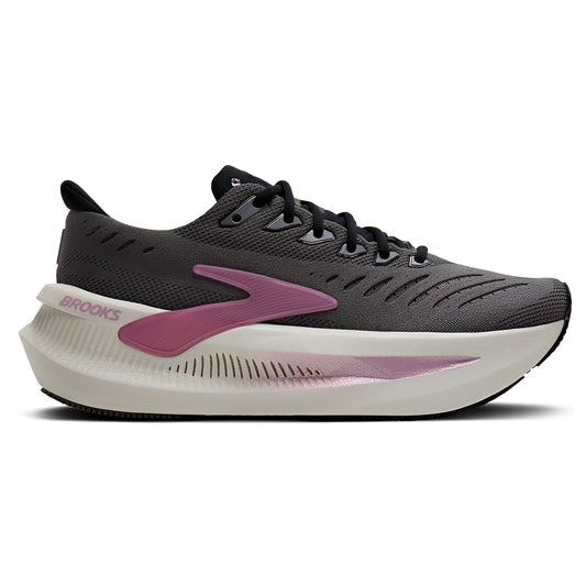 Black and pink running shoe with 'Brooks' branding on a white background