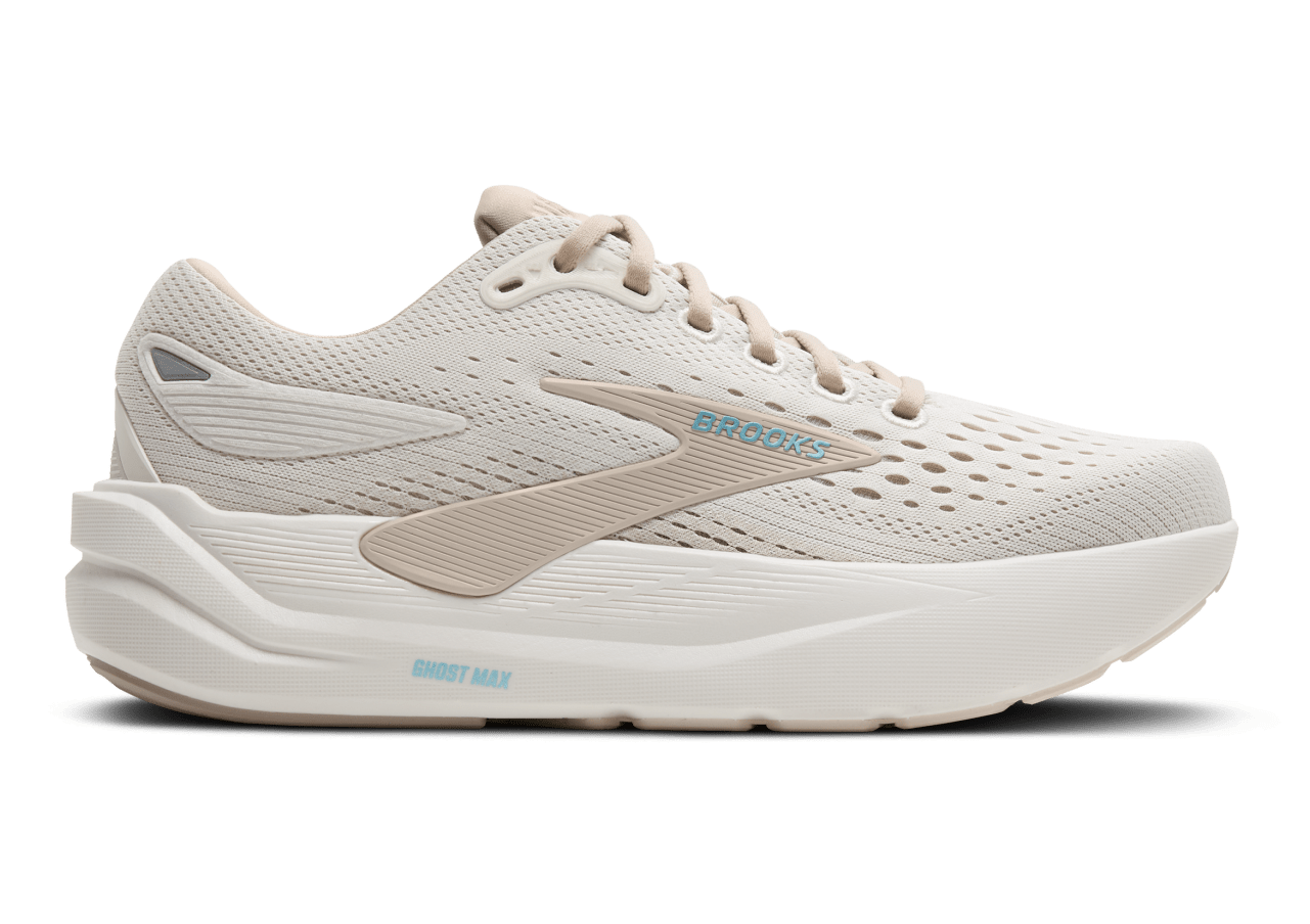 White running shoe with beige accents on a white background