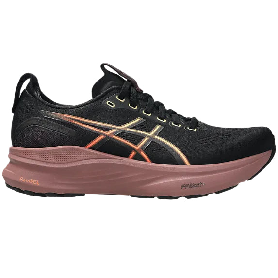 Black and pink running shoe with brand logo on a white background