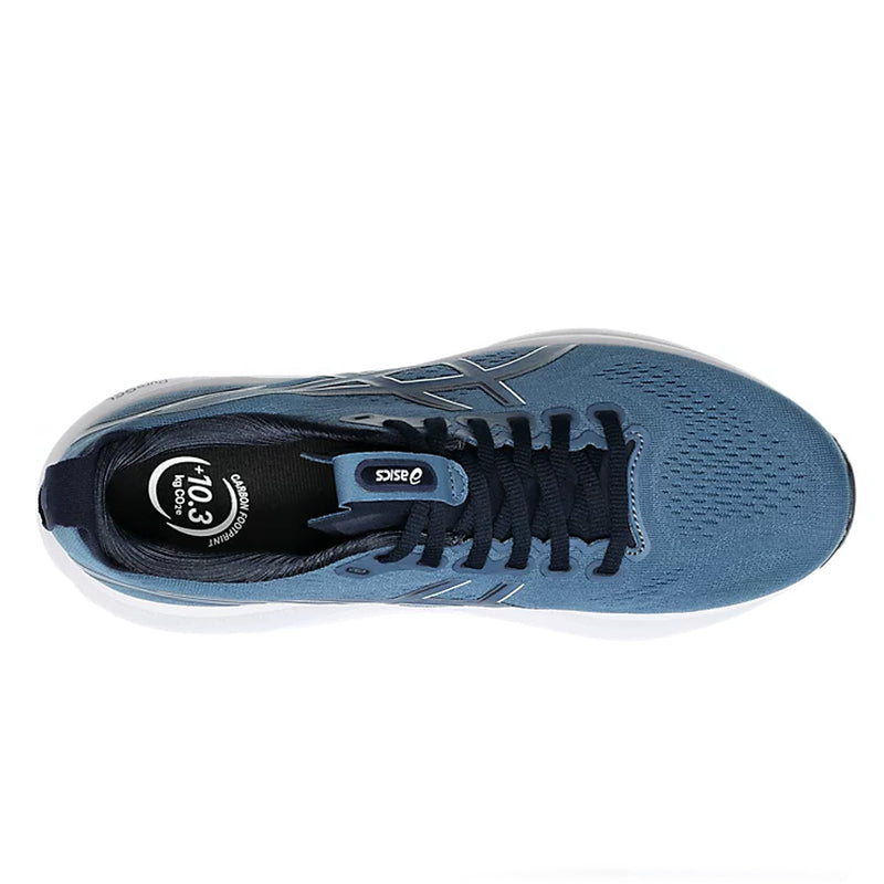 Blue running shoe with visible brand logo on a white background