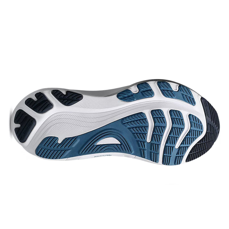 Close-up of a shoe sole with blue and white design on a white background