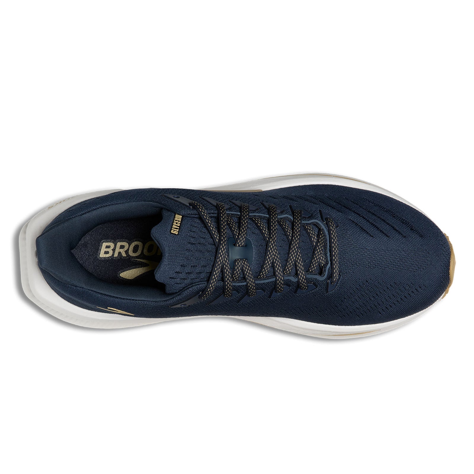 Navy running shoe with white sole on a white background