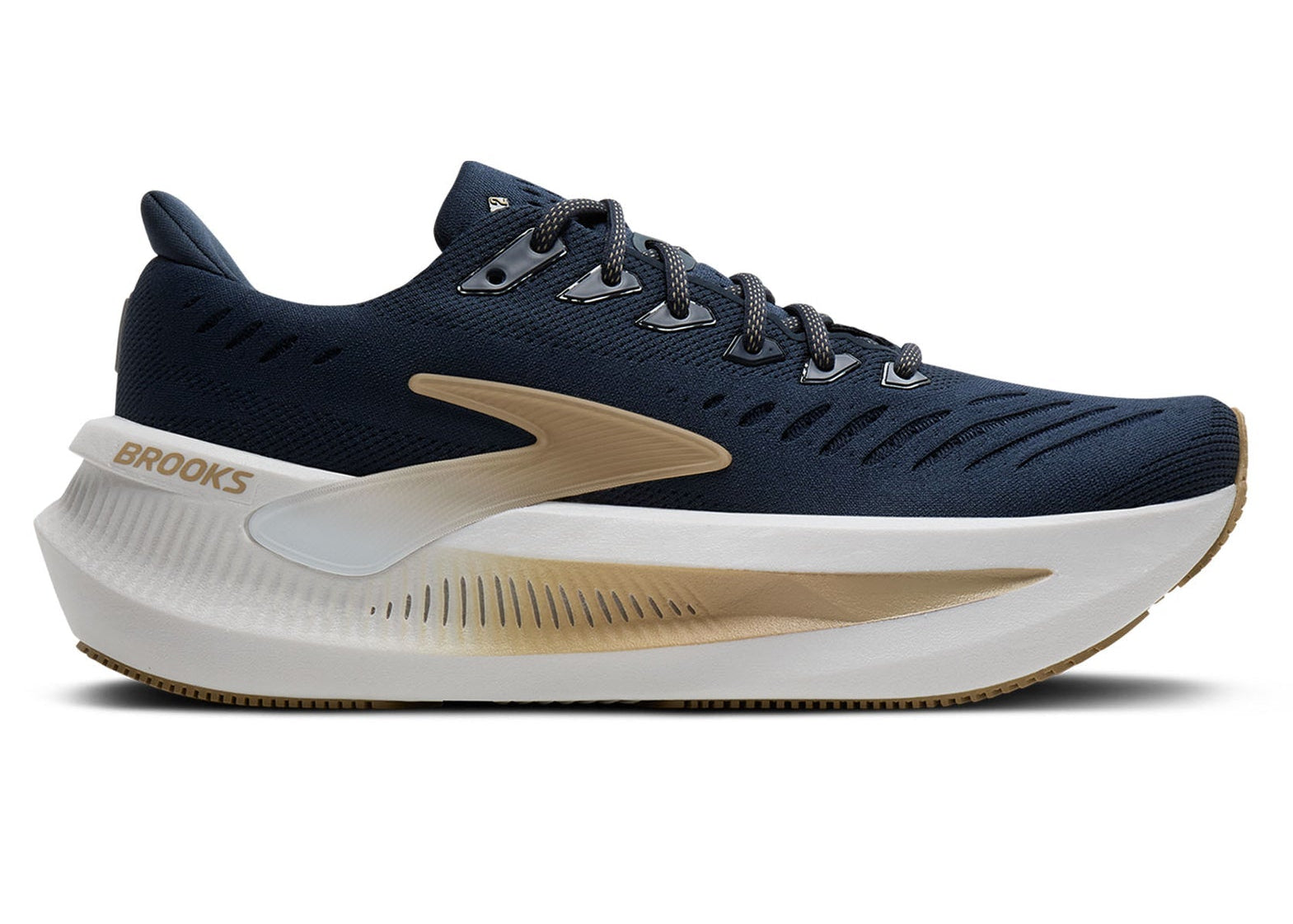Navy and beige running shoe with 'Brooks' branding on a white background