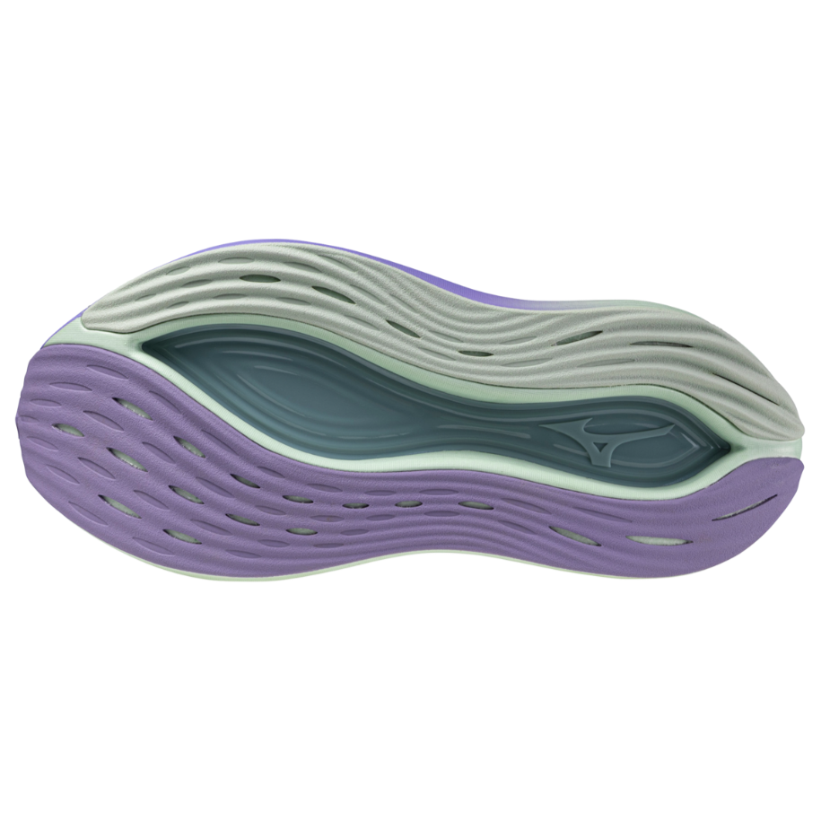 A women's Mizuno Neo Vista running shoe in paisley purple color, featuring a mesh upper, midfoot support, and a thick sole for cushioning.