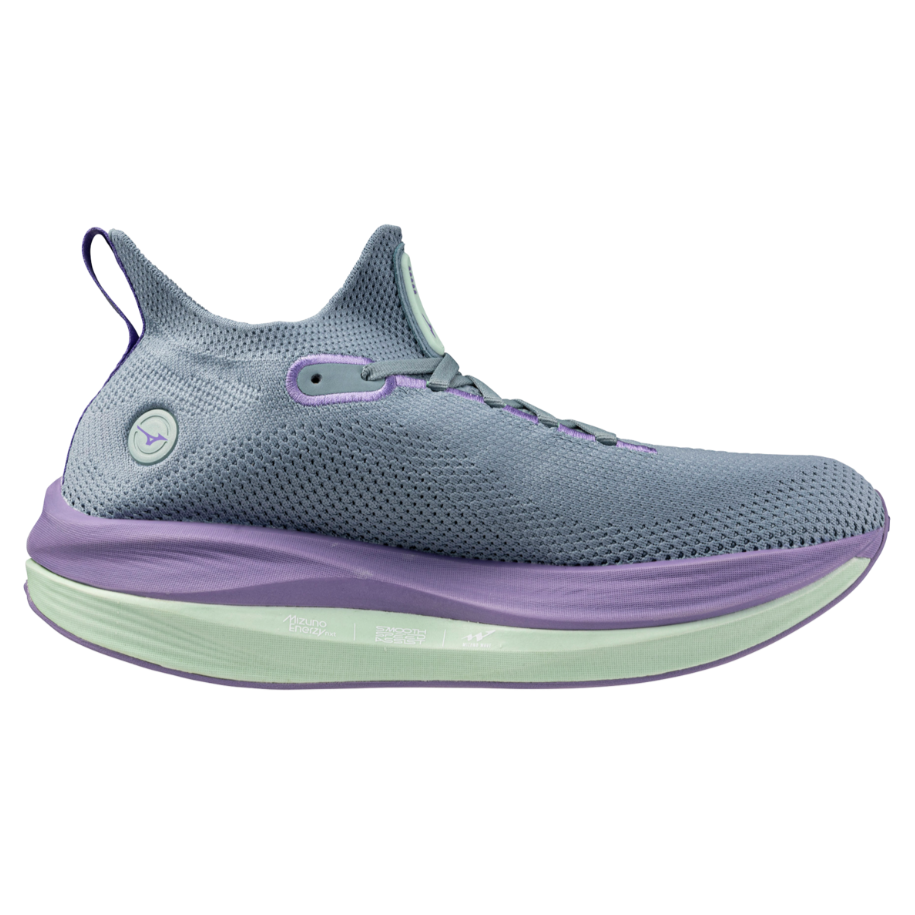 A women's Mizuno Neo Vista running shoe in paisley purple color, featuring a mesh upper, midfoot support, and a thick sole for cushioning.
