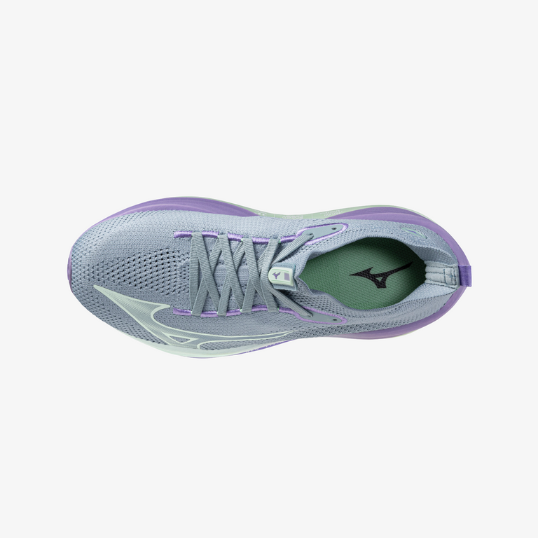 A women's Mizuno Neo Vista running shoe in paisley purple color, featuring a mesh upper, midfoot support, and a thick sole for cushioning.