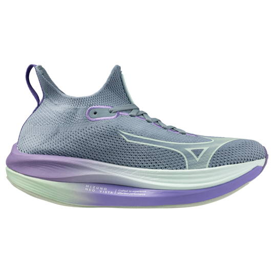 A women's Mizuno Neo Vista running shoe in paisley purple color, featuring a mesh upper, midfoot support, and a thick sole for cushioning.