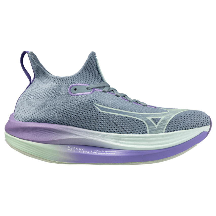 A women's Mizuno Neo Vista running shoe in paisley purple color, featuring a mesh upper, midfoot support, and a thick sole for cushioning.