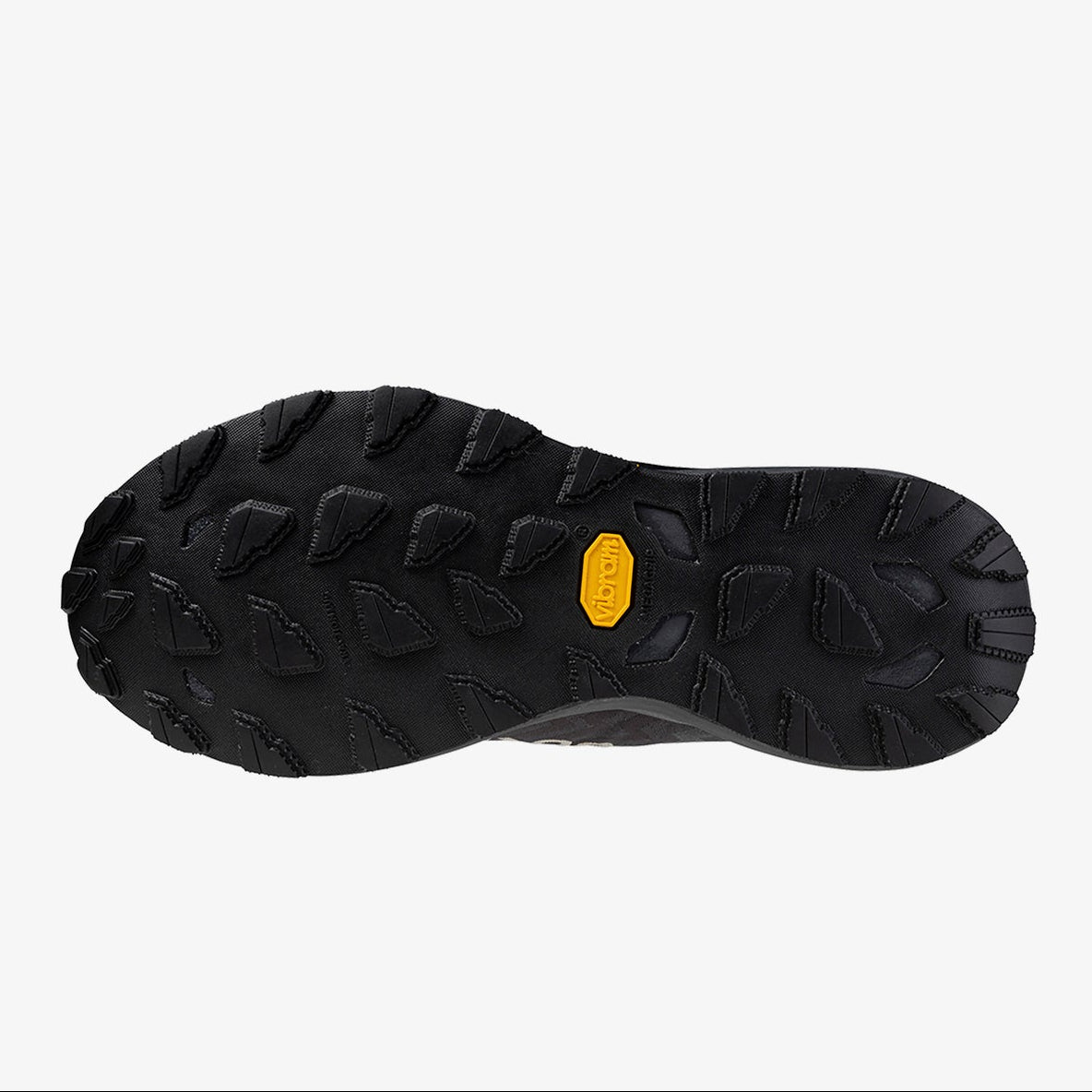 Black shoe sole with a yellow logo on a white background