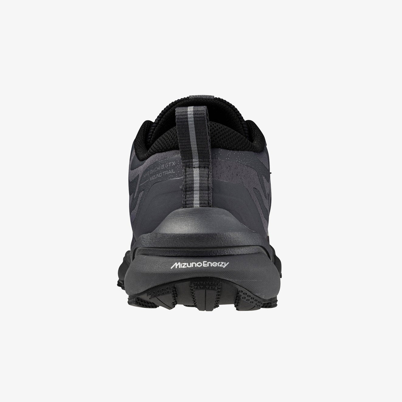 Black athletic shoe with 'Mizuno Energy' branding on a white background