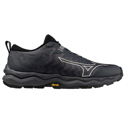 Black athletic shoe with white sole on a light gray background